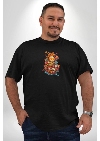 Renkli Kurukafa Hippi Siyah Büyük Beden Erkek Kadın Unisex Basic Ön Baskılı Tişört fiyatları