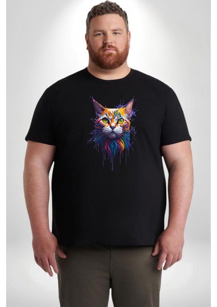 Şimşek Yağmur Kedi Siyah Büyük Beden Erkek Kadın Unisex Basic Ön Baskılı Tişört
