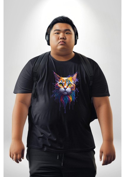 Şimşek Yağmur Kedi Siyah Büyük Beden Erkek Kadın Unisex Basic Ön Baskılı Tişört fiyatları