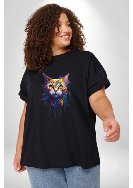 Şimşek Yağmur Kedi Siyah Büyük Beden Erkek Kadın Unisex Basic Ön Baskılı Tişört modelleri