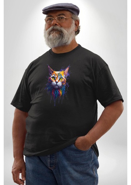 Şimşek Yağmur Kedi Siyah Büyük Beden Erkek Kadın Unisex Basic Ön Baskılı Tişört fırsatları