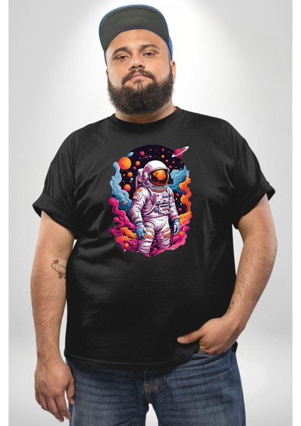 Ay Mars Astronot Siyah Büyük Beden Erkek Kadın Unisex Basic Ön Baskılı Tişört