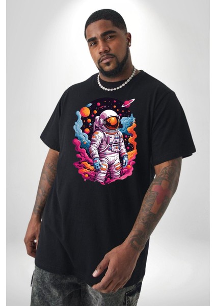 Ay Mars Astronot Siyah Büyük Beden Erkek Kadın Unisex Basic Ön Baskılı Tişört