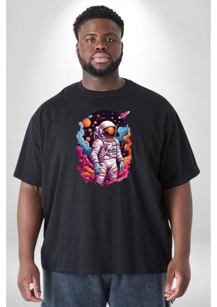 Ay Mars Astronot Siyah Büyük Beden Erkek Kadın Unisex Basic Ön Baskılı Tişört