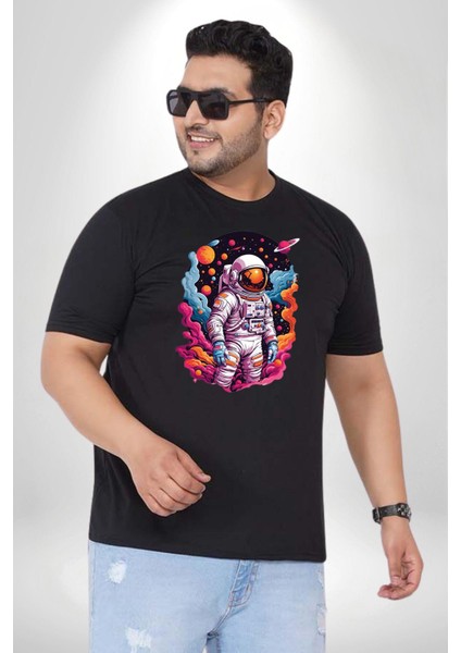 Ay Mars Astronot Siyah Büyük Beden Erkek Kadın Unisex Basic Ön Baskılı Tişört
