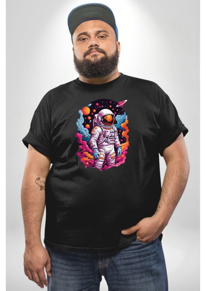 Ay Mars Astronot Siyah Büyük Beden Erkek Kadın Unisex Basic Ön Baskılı Tişört