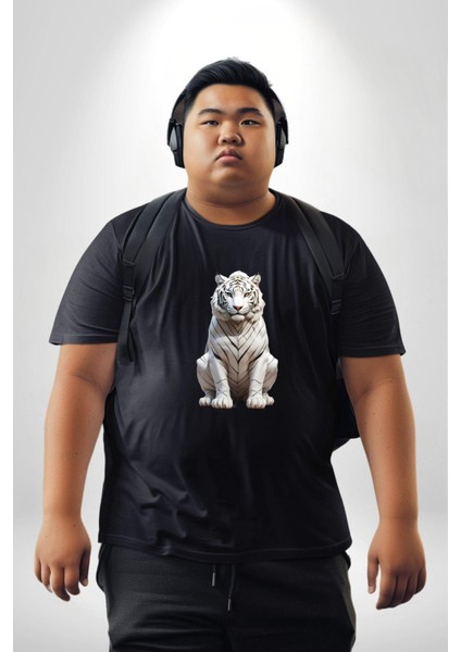 Beyaz Kaplan Siyah Büyük Beden Erkek Kadın Unisex Basic Ön Baskılı Tişört