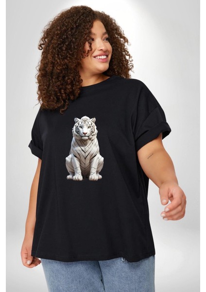 Beyaz Kaplan Siyah Büyük Beden Erkek Kadın Unisex Basic Ön Baskılı Tişört fiyatları