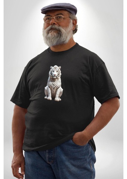 Beyaz Kaplan Siyah Büyük Beden Erkek Kadın Unisex Basic Ön Baskılı Tişört modelleri