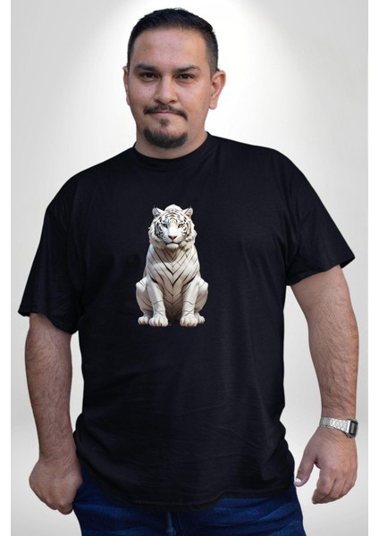Beyaz Kaplan Siyah Büyük Beden Erkek Kadın Unisex Basic Ön Baskılı Tişört fırsatları