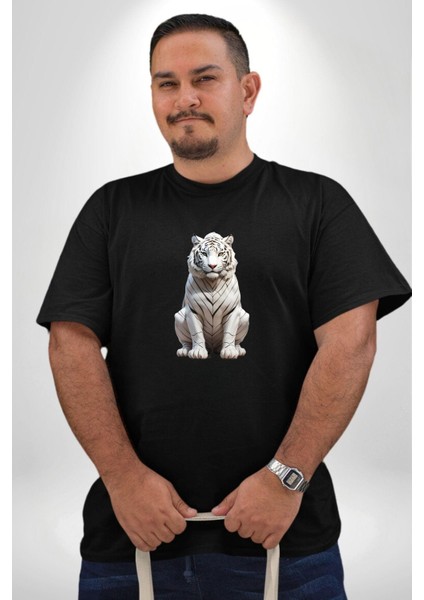 Beyaz Kaplan Siyah Büyük Beden Erkek Kadın Unisex Basic Ön Baskılı Tişört indirimleri