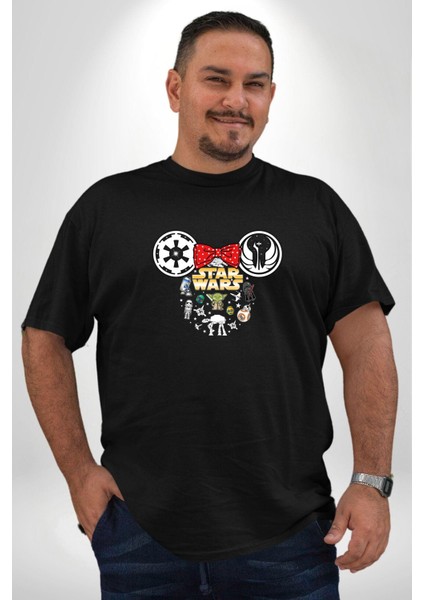 Starwars Miki Karakterleri Siyah Büyük Beden Erkek Kadın Unisex Basic Ön Baskılı Tişört