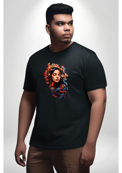 Müzik Dinleyen Kulaklık Yaprak Saçlı Renkli Siyah Büyük Beden Erkek Kadın Unisex Basic Ön Baskılı Tişört