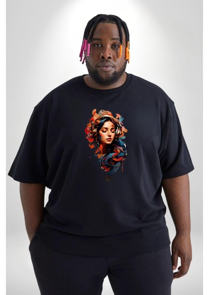 Müzik Dinleyen Kulaklık Yaprak Saçlı Renkli Siyah Büyük Beden Erkek Kadın Unisex Basic Ön Baskılı Tişört fiyatları