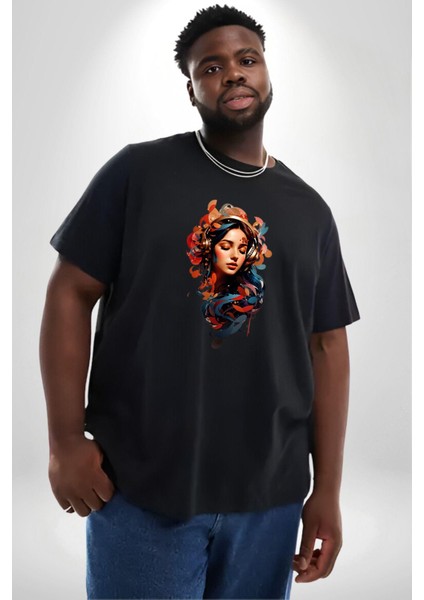 Müzik Dinleyen Kulaklık Yaprak Saçlı Renkli Siyah Büyük Beden Erkek Kadın Unisex Basic Ön Baskılı Tişört modelleri