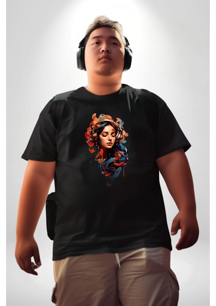 Müzik Dinleyen Kulaklık Yaprak Saçlı Renkli Siyah Büyük Beden Erkek Kadın Unisex Basic Ön Baskılı Tişört indirimleri