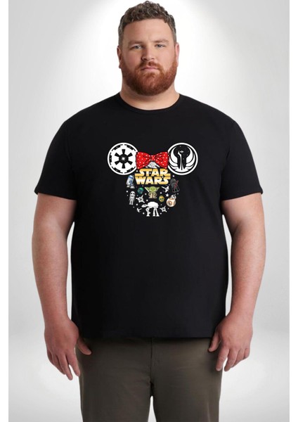 Starwars Miki Karakterleri Siyah Büyük Beden Erkek Kadın Unisex Basic Ön Baskılı Tişört