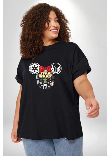 Starwars Miki Karakterleri Siyah Büyük Beden Erkek Kadın Unisex Basic Ön Baskılı Tişört