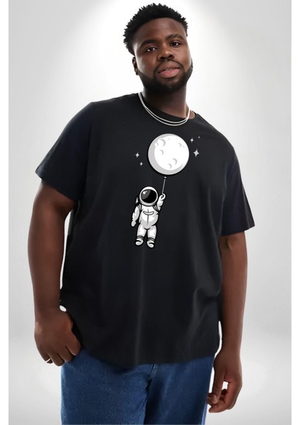 Astronot Ay Balon Siyah Büyük Beden Erkek Kadın Unisex Basic Ön Baskılı Tişört