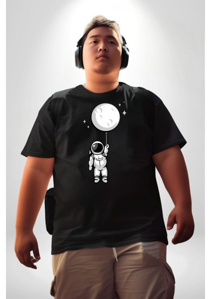 Astronot Ay Balon Siyah Büyük Beden Erkek Kadın Unisex Basic Ön Baskılı Tişört