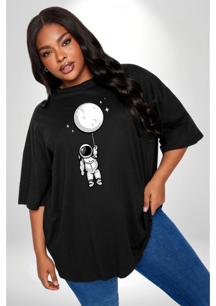 Astronot Ay Balon Siyah Büyük Beden Erkek Kadın Unisex Basic Ön Baskılı Tişört