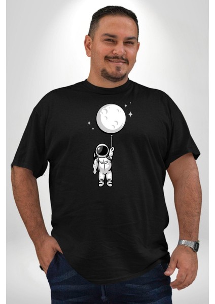 Astronot Ay Balon Siyah Büyük Beden Erkek Kadın Unisex Basic Ön Baskılı Tişört