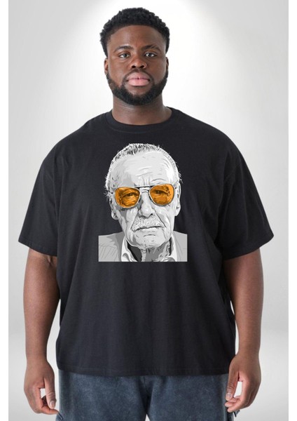 Stan Lee Siyah Büyük Beden Erkek Kadın Unisex Basic Ön Baskılı Tişört