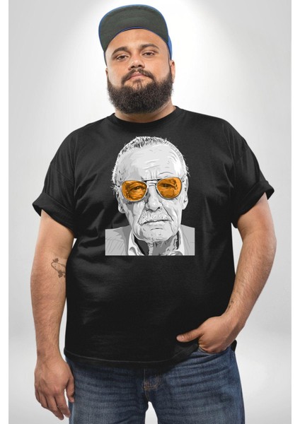 Stan Lee Siyah Büyük Beden Erkek Kadın Unisex Basic Ön Baskılı Tişört