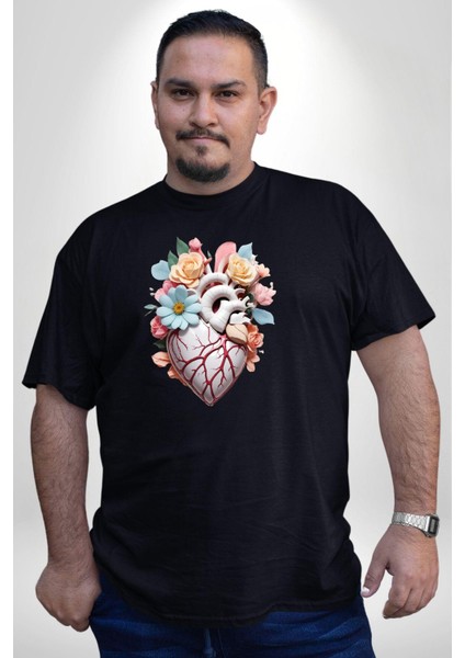 Porselen Çiçek Kalp Siyah Büyük Beden Erkek Kadın Unisex Basic Ön Baskılı Tişört