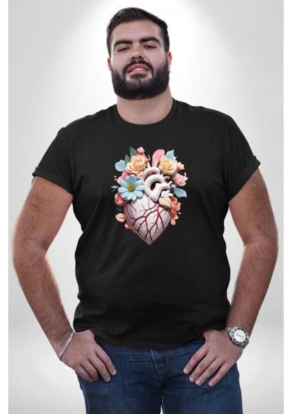 Porselen Çiçek Kalp Siyah Büyük Beden Erkek Kadın Unisex Basic Ön Baskılı Tişört modelleri