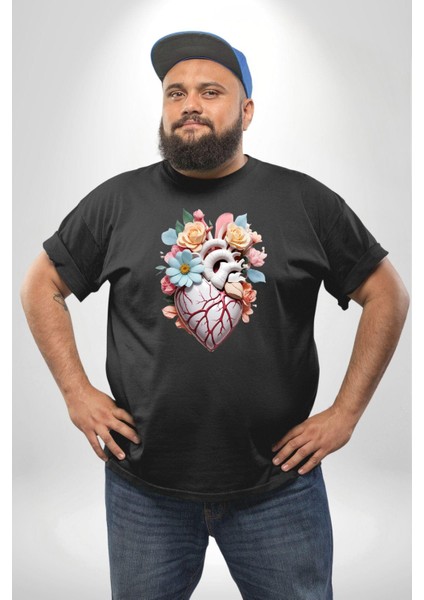 Porselen Çiçek Kalp Siyah Büyük Beden Erkek Kadın Unisex Basic Ön Baskılı Tişört fırsatları