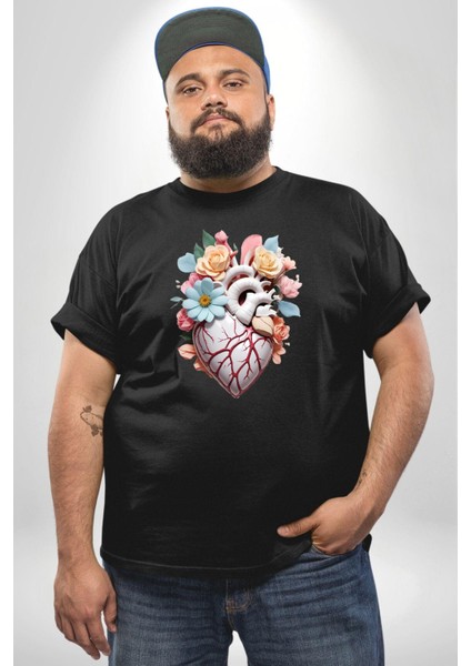 Porselen Çiçek Kalp Siyah Büyük Beden Erkek Kadın Unisex Basic Ön Baskılı Tişört indirimleri