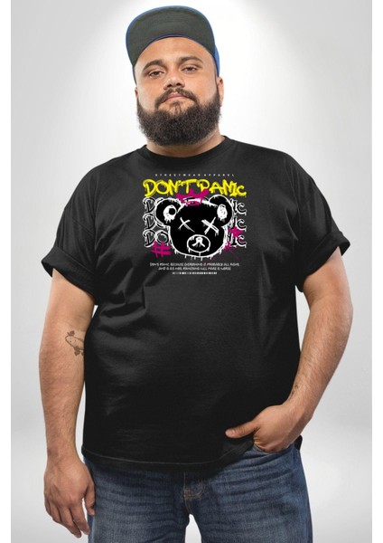 Panik Yok Teddy Siyah Büyük Beden Erkek Kadın Unisex Basic Ön Baskılı Tişört