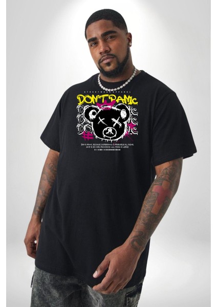 Panik Yok Teddy Siyah Büyük Beden Erkek Kadın Unisex Basic Ön Baskılı Tişört fiyatları