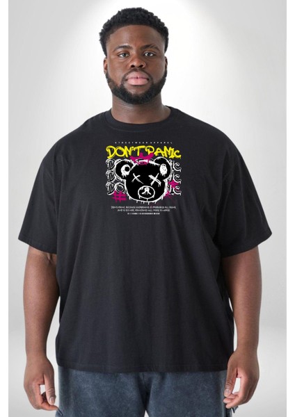 Panik Yok Teddy Siyah Büyük Beden Erkek Kadın Unisex Basic Ön Baskılı Tişört modelleri