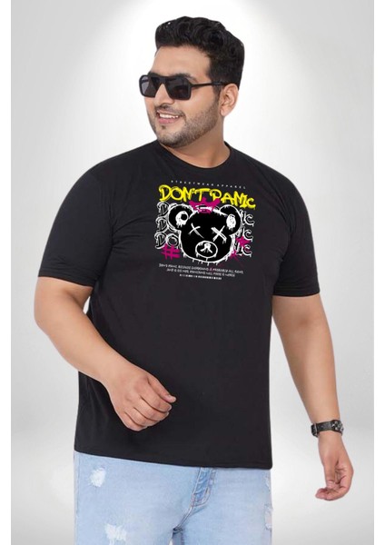 Panik Yok Teddy Siyah Büyük Beden Erkek Kadın Unisex Basic Ön Baskılı Tişört fırsatları