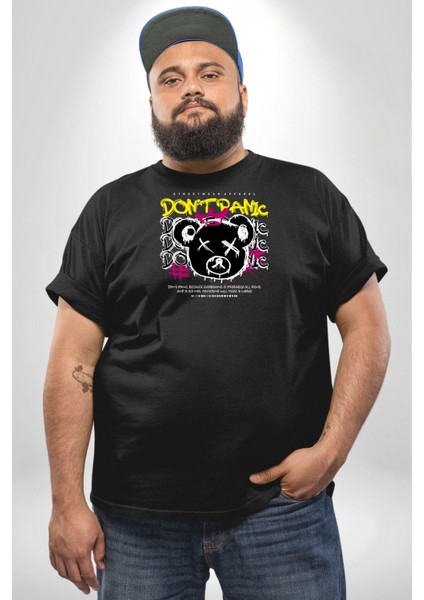 Panik Yok Teddy Siyah Büyük Beden Erkek Kadın Unisex Basic Ön Baskılı Tişört indirimleri