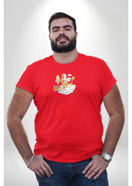 Astronot Kitap Füze Saat Ampül Büyüteç Kırmızı Büyük Beden Erkek Kadın Unisex Basic Ön Baskılı Tişört fırsatları