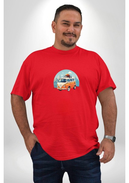 Wolkswagen Karavan Kış Gezisi Kırmızı Büyük Beden Erkek Kadın Unisex Basic Ön Baskılı Tişört fiyatları