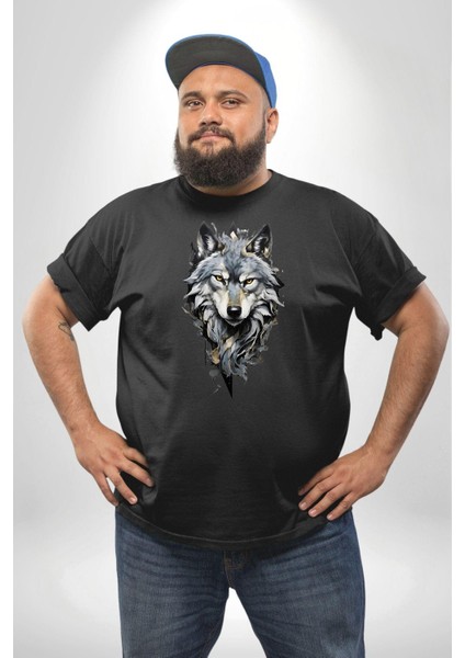 Beyaz Kurt Siyah Büyük Beden Erkek Kadın Unisex Basic Ön Baskılı Tişört