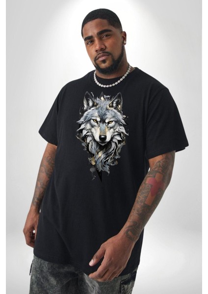 Beyaz Kurt Siyah Büyük Beden Erkek Kadın Unisex Basic Ön Baskılı Tişört modelleri