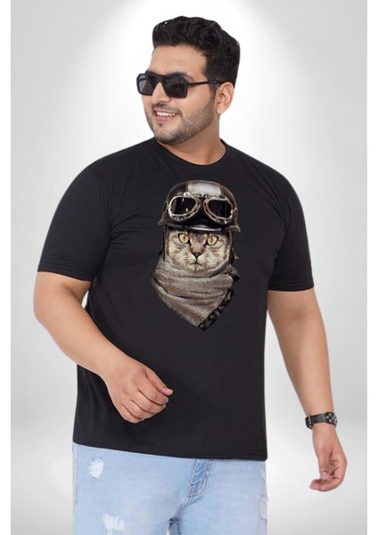 Kasket Bandana Motorcu Kedi Siyah Büyük Beden Erkek Kadın Unisex Basic Ön Baskılı Tişört