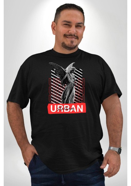 Şehir Sokak Stili Melek Heykeli Siyah Büyük Beden Erkek Kadın Unisex Basic Ön Baskılı Tişört