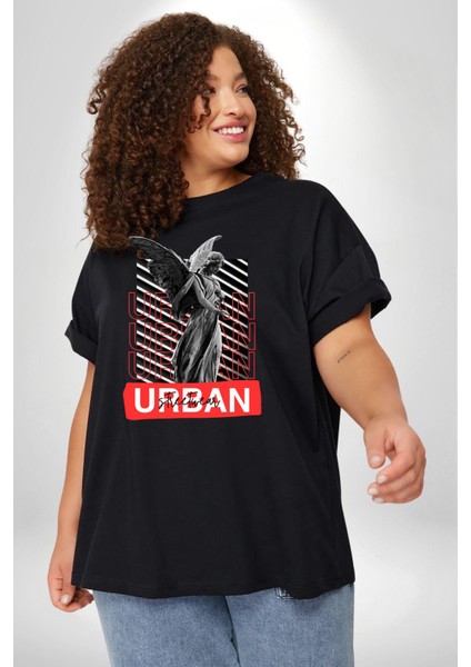 Şehir Sokak Stili Melek Heykeli Siyah Büyük Beden Erkek Kadın Unisex Basic Ön Baskılı Tişört fırsatları