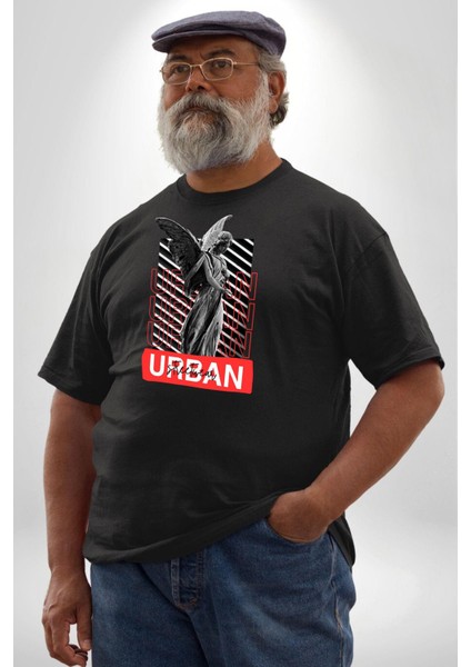 Şehir Sokak Stili Melek Heykeli Siyah Büyük Beden Erkek Kadın Unisex Basic Ön Baskılı Tişört indirimleri