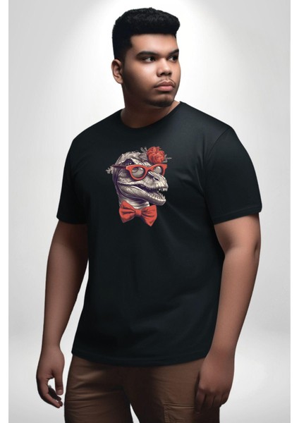 Kırmızı Gözlük Papyon Dinazor Siyah Büyük Beden Erkek Kadın Unisex Basic Ön Baskılı Tişört