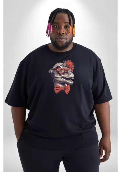 Kırmızı Gözlük Papyon Dinazor Siyah Büyük Beden Erkek Kadın Unisex Basic Ön Baskılı Tişört fiyatları
