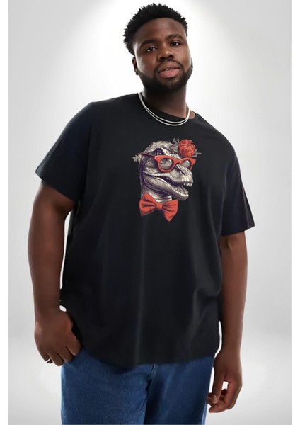 Kırmızı Gözlük Papyon Dinazor Siyah Büyük Beden Erkek Kadın Unisex Basic Ön Baskılı Tişört modelleri