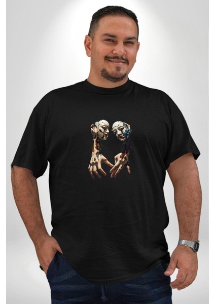 Yüz Yüze Ellerin Uyumu Siyah Büyük Beden Erkek Kadın Unisex Basic Ön Baskılı Tişört modelleri