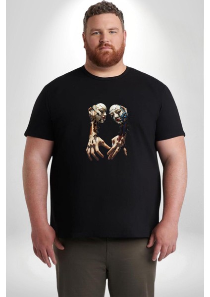 Yüz Yüze Ellerin Uyumu Siyah Büyük Beden Erkek Kadın Unisex Basic Ön Baskılı Tişört fırsatları